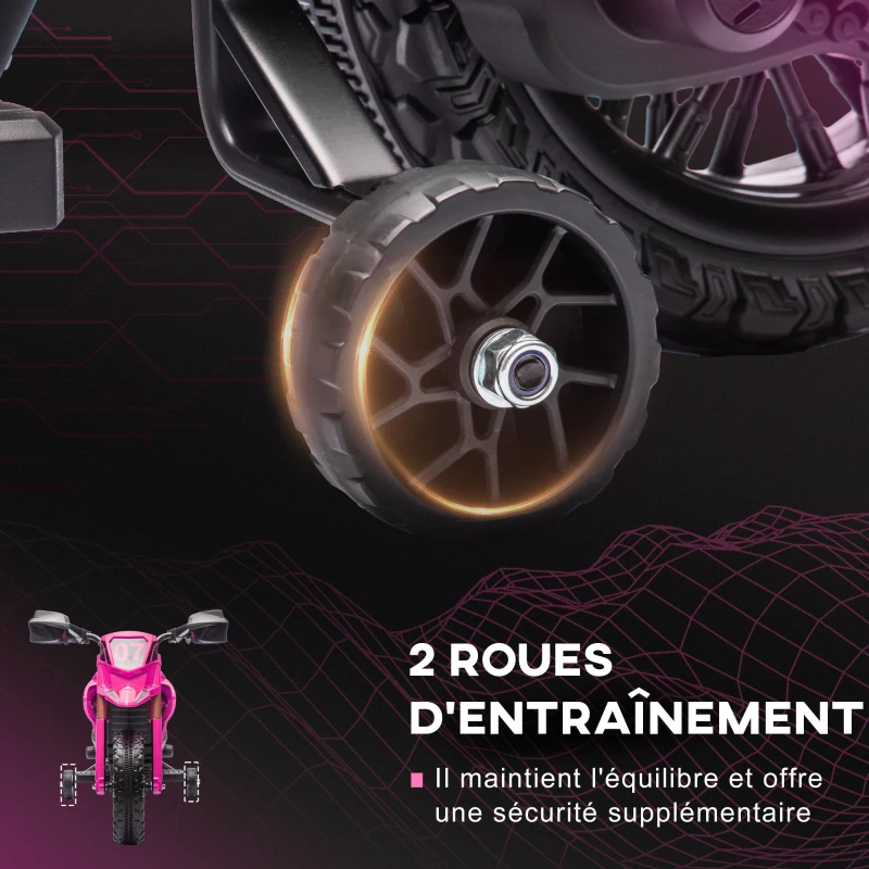 AIYAPLAY Moto cross électrique pour enfants 3-8 ans, batterie 6 V, 2 moteurs, klaxon et roues d'entraînement, charge 30KG, rose(m-5)