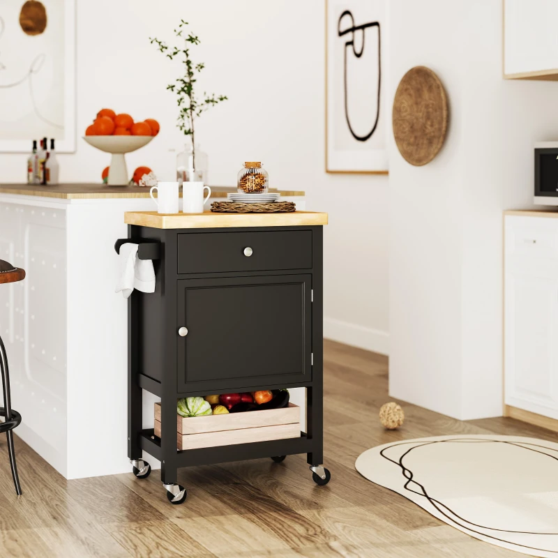 HOMCOM Carrito de cocina con ruedas, carro de servicio, encimera de madera de hévea, cajón, 63,5 x 40 x 90 cm, negro