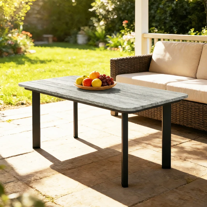 Outsunny Outdoor Garden Coffee Table, Garden Table with Slatted Wood Plastic Composite Top and Metal Frame, Grey