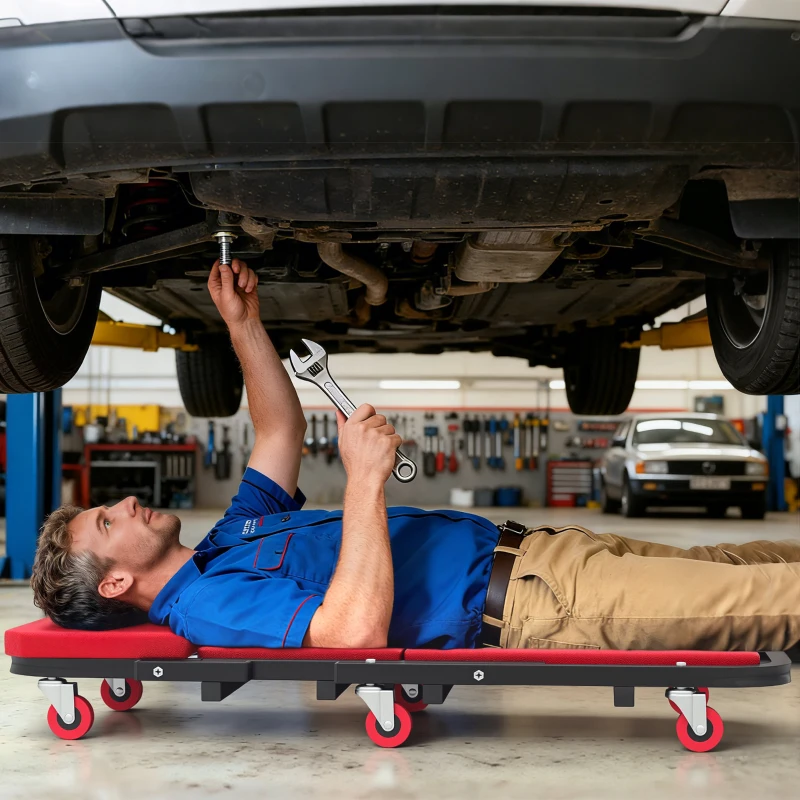 HOMCOM Tabla rodante de montaje 2 en 1 carro de inspección mecánica plegable en Z carga 150 kg 101,5 x 40 x 13,5 cm rojo