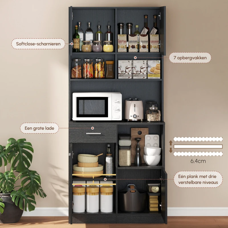 HOMCOM Keukenkast buffetskast met lade soft-close 80x35x180 cm zwart(m-4)