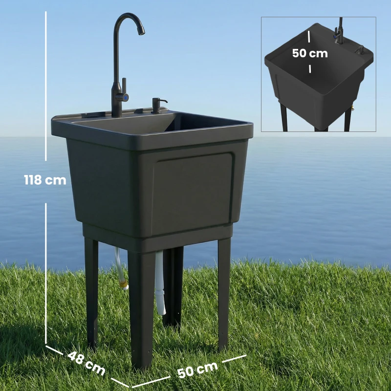Outsunny Lavello da Campeggio Portatile con Dispenser di Sapone, Rubinetto, Tubi di Ingresso e Scarico, Nero