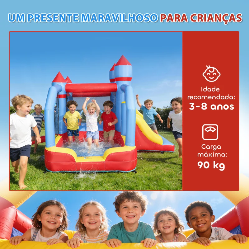 AIYAPLAY Castelo Insuflável para Crianças com Soprador Escorrega Trampolim Piscina Coluna de Boxe e Cesto de Basquetebol 277x270x215 cm