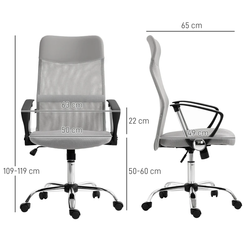 HOMCOM Fauteuil de bureau manager dossier ergonomique hauteur assise réglable pivotant tissu maille 63x65x119109-119cm gris