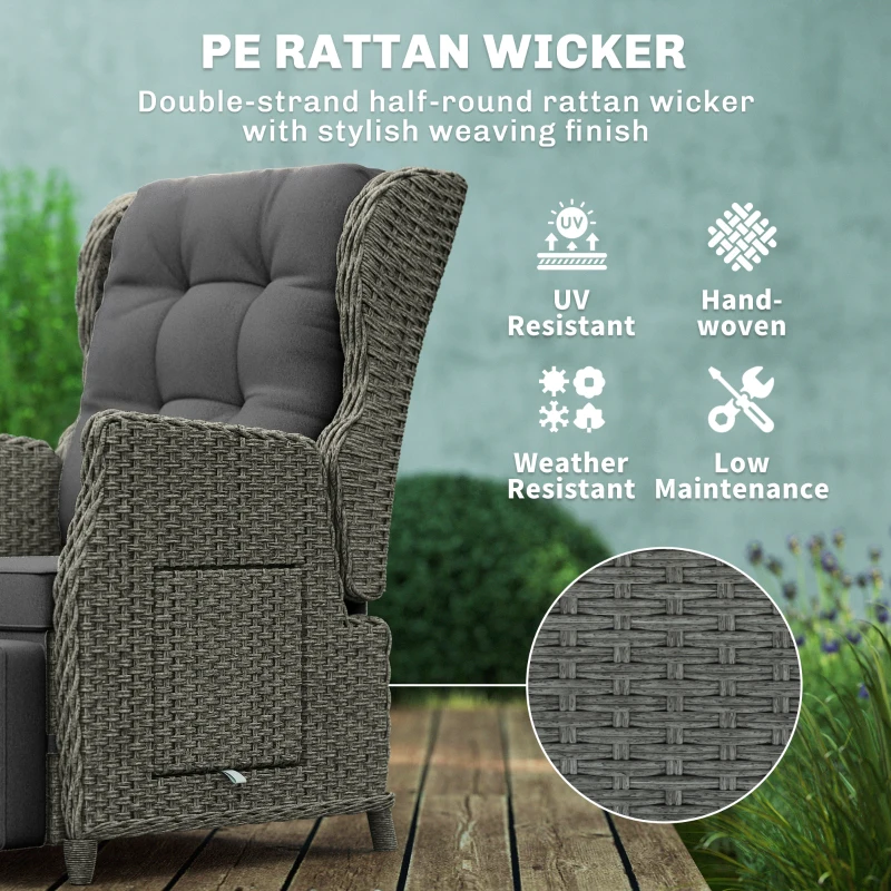 Outsunny Rotanstoel met Inklapbare Tafel, Ligstoel Tuinstoel Verstelbare Rugleuning en Voetsteun 81 x 58 x 98,5 cm Donkergrijs