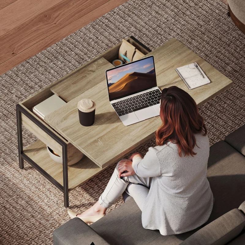 HOMCOM Mesa de centro elevable y extensible, mesa de salón con compartimento oculto estanterías abiertas, 98x49x55cm, madera natural