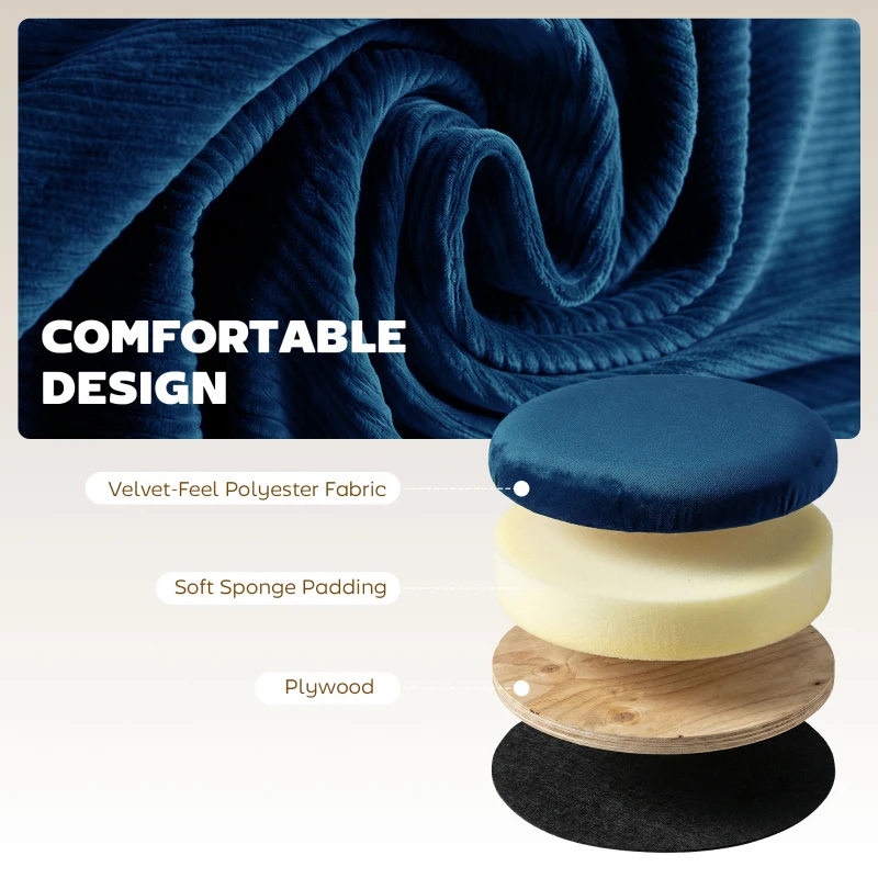 HOMCOM Storage Ottoman Modern Velvet Round Foot Stool for Living Room Bedroom 45 cm Blue