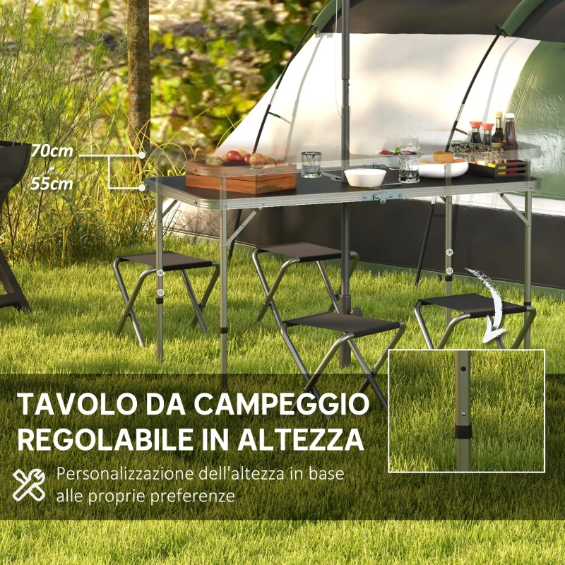 Outsunny Set Tavolo da Campeggio Pieghevole e Regolabile con 4 Sedie e Foro per Ombrellone, in Alluminio e Legno, Nero