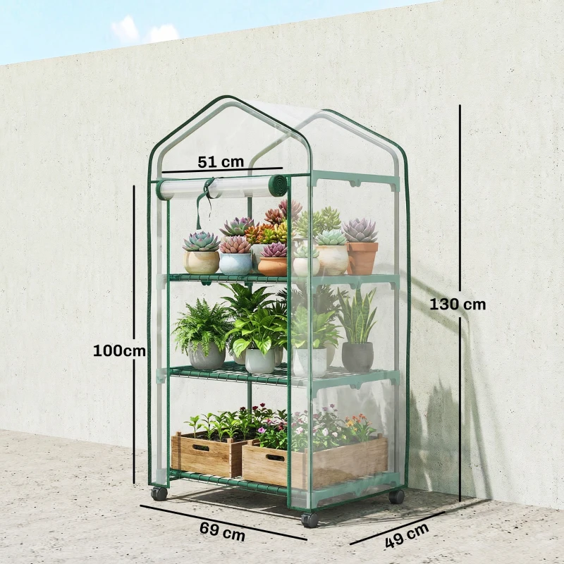 Outsunny Mini serra con 3 ripiani e ruote, 69x49x130 cm, Trasparente