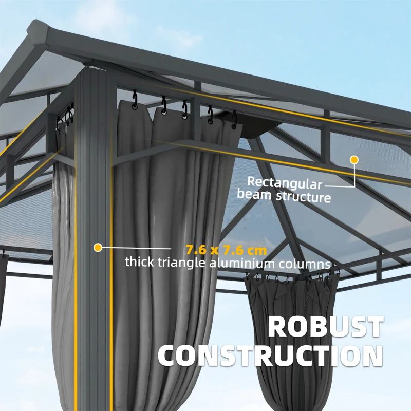Outsunny 3 x 3 m Outdoor Hardtop Gazebo Canopy with PC Roof, Aluminium Permanent Pavilion Garden Gazebo with Curtains, Tan