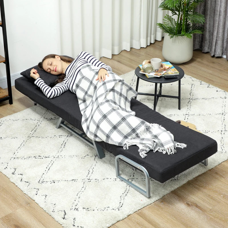 HOMCOM Butaca sofá-cama convertible reclinable 1 plaza Cojines lumbares y reposabrazos Patas metálicas Lino Negro