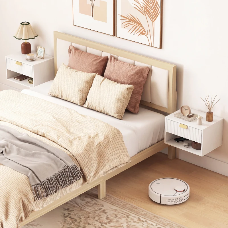 HOMCOM Conjunto de Mesas de Cabeceira Flutuantes com Gaveta Estriada e Prateleira Aberta 40x30x25 cm Branco