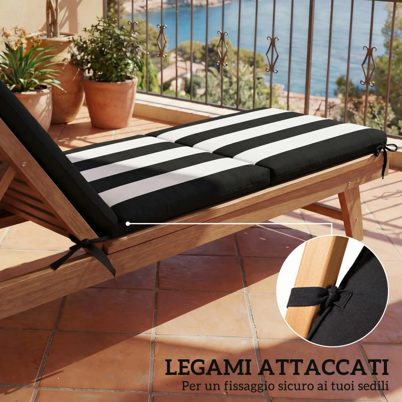 Outsunny Set 2 Cuscini per Sedie da Esterno con 6 Lacci di Fissaggio, in Cotone, 183x54x6.5 cm, Nero e Bianco
