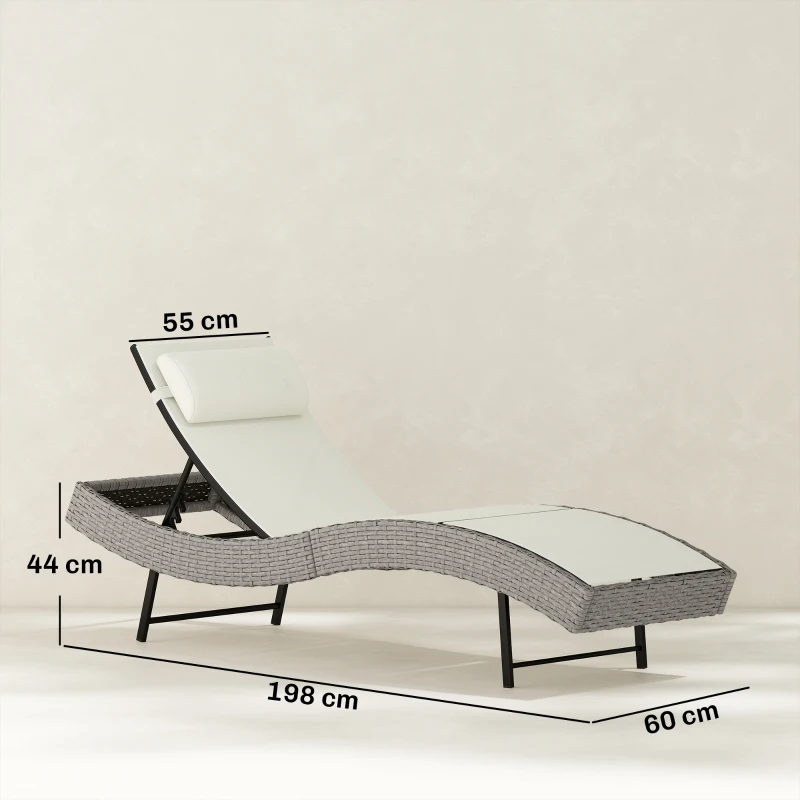 Outsunny Rattan Sun Lounger, Garden Recliner with 5 Position Adjustable Back, S Shaped Texteline Seat, Headrest, Cream White