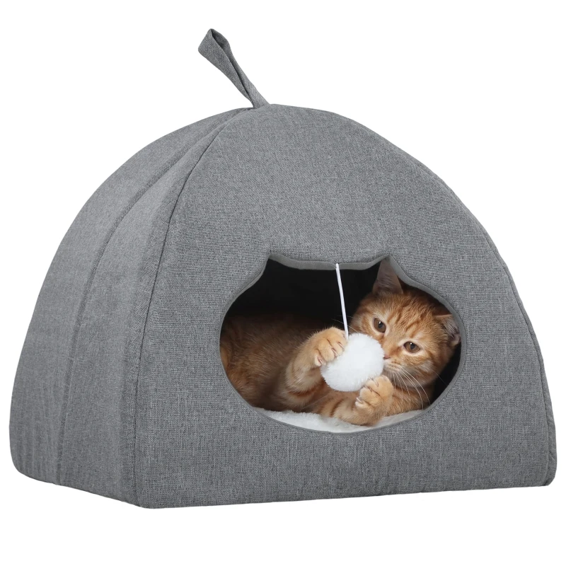 PawHut Cat Cave Bed for Indoor Kittens, Cat House with Removable Cushion and Teaser Ball, Kitty Igloo with Anti-Slip Base, 42 x 42 x 39 cm, Grey