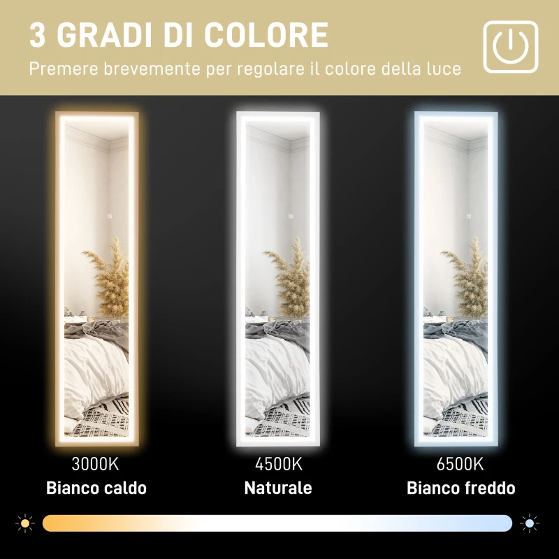 HOMCOM Specchio Illuminato con Luci LED Regolabili e Pulsante Touch, in Vetro e MDF, 40x5x160 cm, Bianco