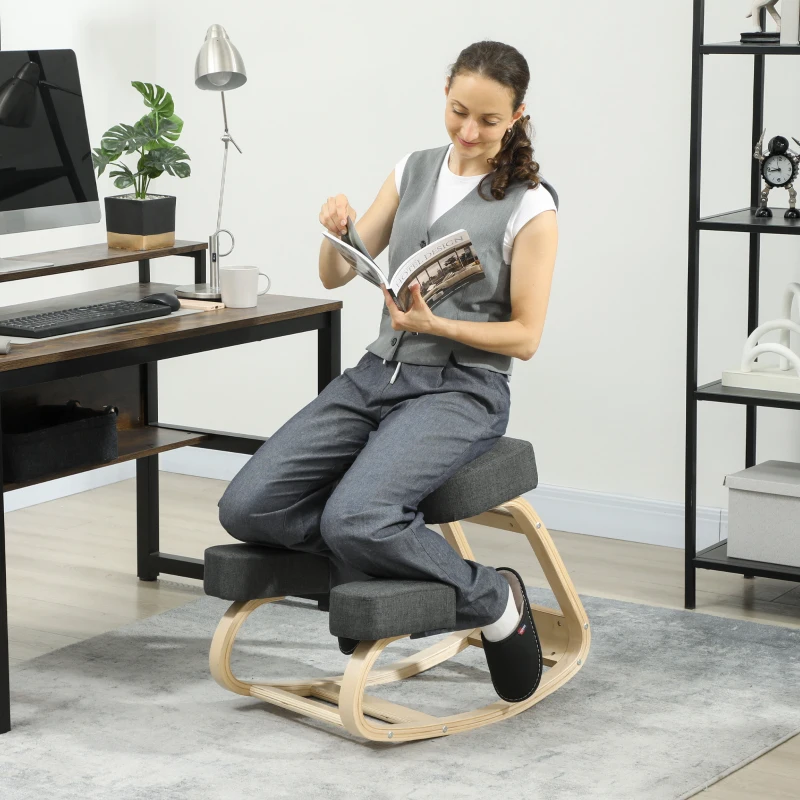 Vinsetto Kniestuhl, ergonomischer Sitzhocker, Polsterhocker für gesunde Sitzhaltung, Birkenholz, 120 kg belastbar, Dunkelgrau