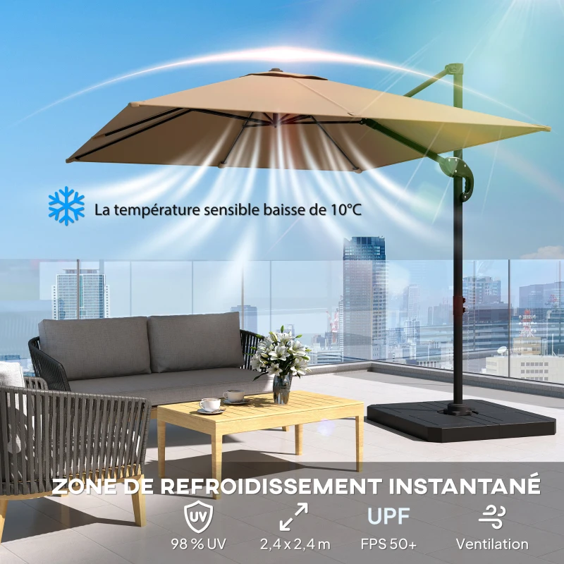 Outsunny Parasol déporté carré parasol de jardin extérieur pied et dalles de lestage mât aluminium protection UV50+2,4x2,4m kaki