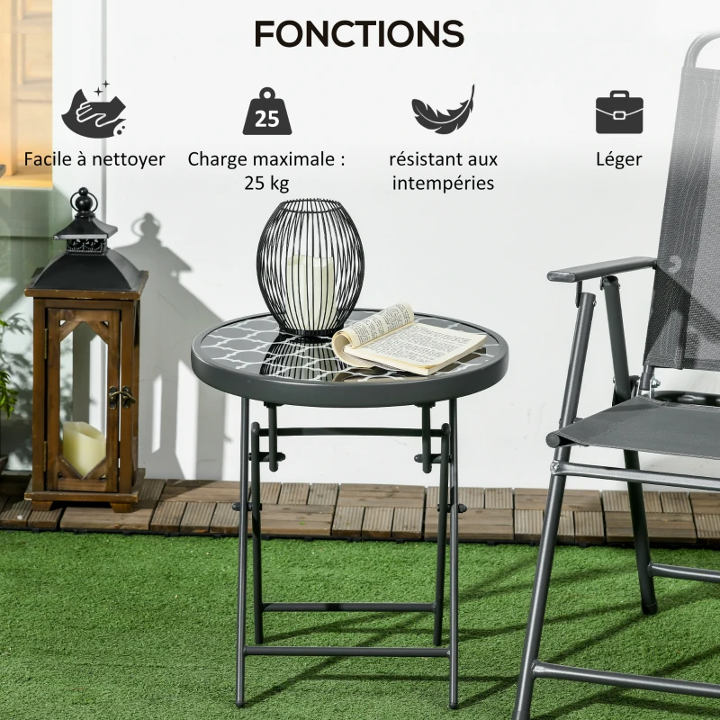 Outsunny Table basse pliante table d'appoint pliante plateau en verre trempé motifs noirs et blancs en métal Ø 45 x 50 cm noir