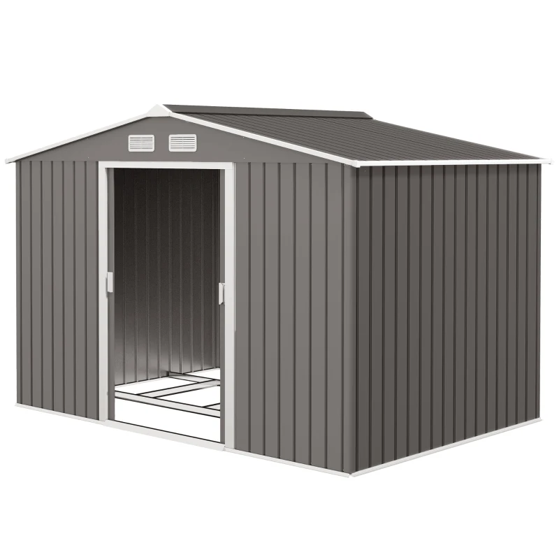 Outsunny 9 x 6FT Outdoor Garden Roofed Metal Storage Shed Tool Box with Foundation Ventilation & Doors Light, Grey(m-11)