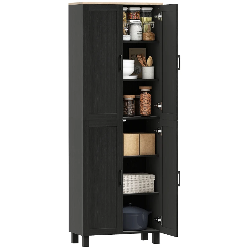 HOMCOM Mueble despensa de cocina en madera con 5 estantes ajustables y 4 puertas, 60x30x170.5 cm, Negro