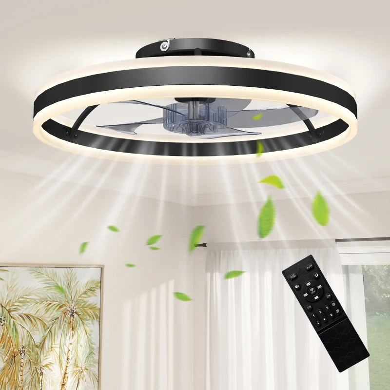 HOMCOM Ventilador de Techo con Luz LED 6 Velocidades Motor Reversible y Control Remoto Potencia 45W Ø50x13,5 cm Negro