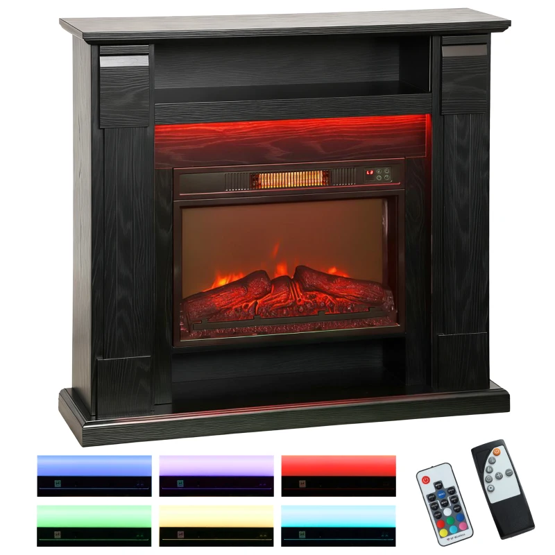 HOMCOM Chimenea Eléctrica 1800W Regulable con Llama 3D, Repisa, Temporizador y Mando a Distancia, 105x27x97 cm, Negro