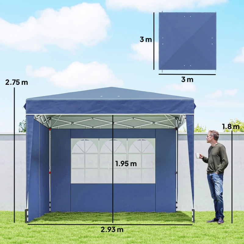 Outsunny Gazebo Pieghevole 3x3 m con Pareti e Altezza Regolabile, Protezione UV 50+, Blu Scuro