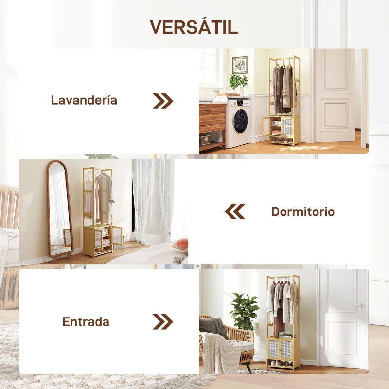 HOMCOM Perchero de Bambú con Armario Zapatero Barra para Colgar Estante Ajustable para Entrada Pasillo 53x31x168 cm Natural