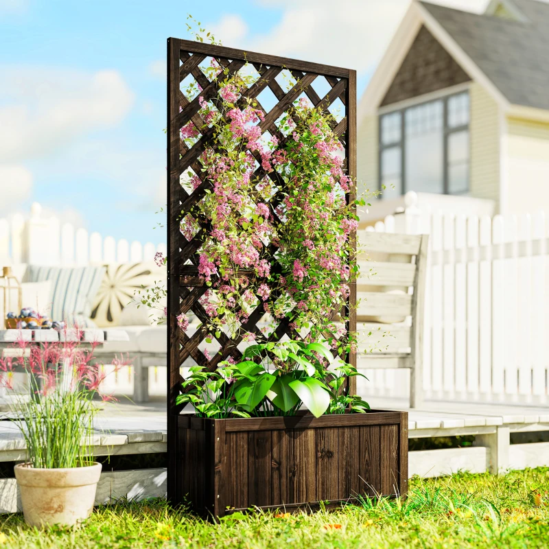 Outsunny Garden Planter with Trellis, 45L Raised Bed for Climbing Plants, Vines, Flowers, Outdoor Planter Box for Patio, 72.5 x 31.5 x 149.5 cm, Carbonised Finish