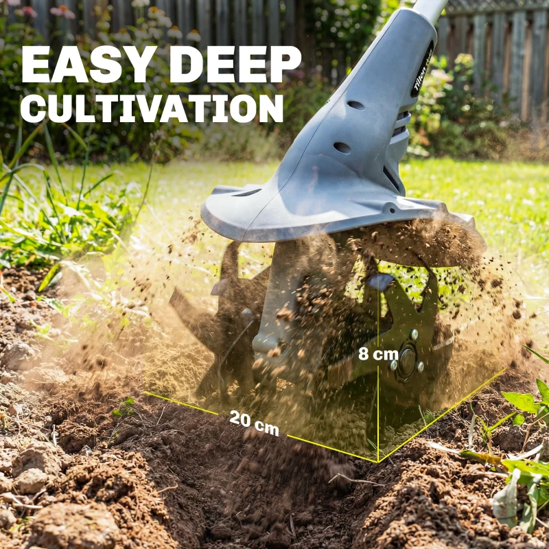 Outsunny Cordless Tiller, 18V Electric Garden Rotavator with 2 x 4000mAh Batteries, Charger, 20cm Tilling Width & 8cm Depth