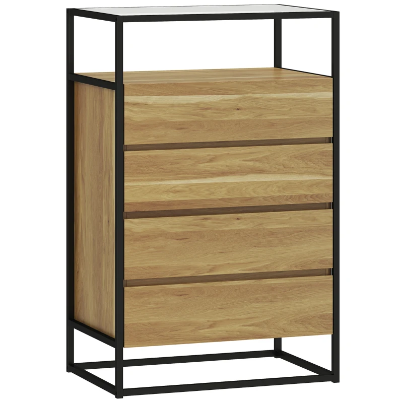 HOMCOM Commode de chambre 4 tiroirs, plateau en verre trempé, étagère ouverte, structure en acier, 60x40x94,5 cm, teck