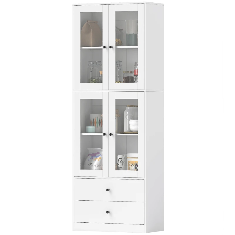 HOMCOM Alacena de Cocina Alta con 4 Puertas de Vidrio 2 Cajones Estantes Ajustables 59x30x170 cm Blanco