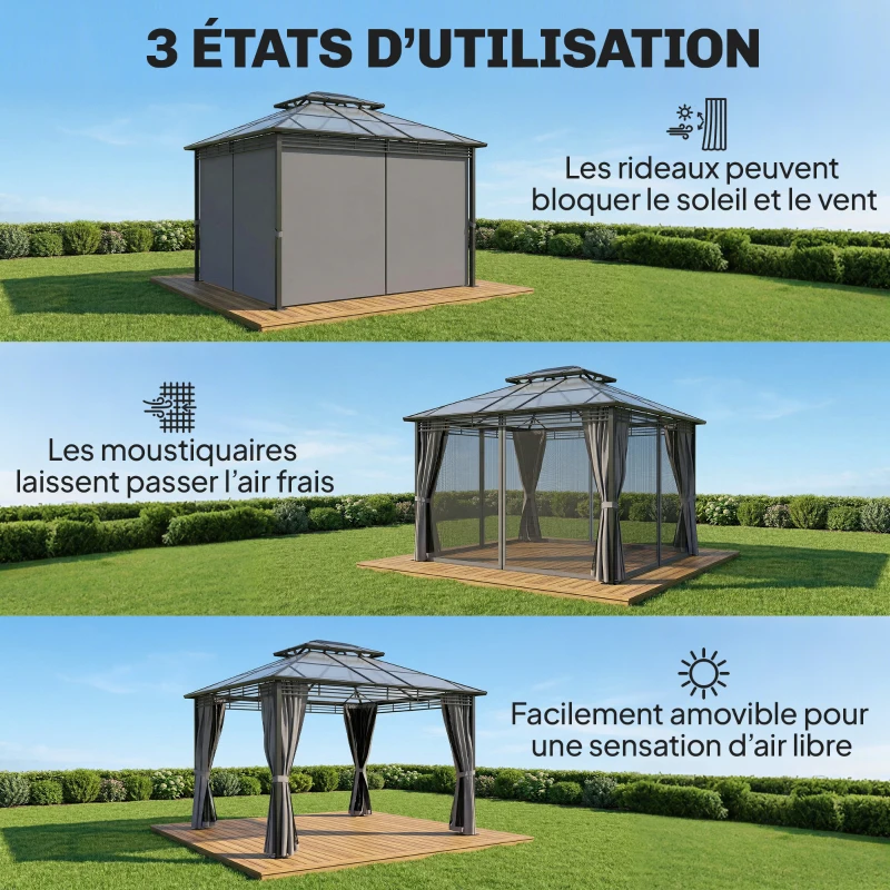 Outsunny Tonnelle de Jardin Pavillon Toit Rigide en Polycarbonate Deux Niveaux Imperméable UV50+ 356x296x285cm Gris Foncé