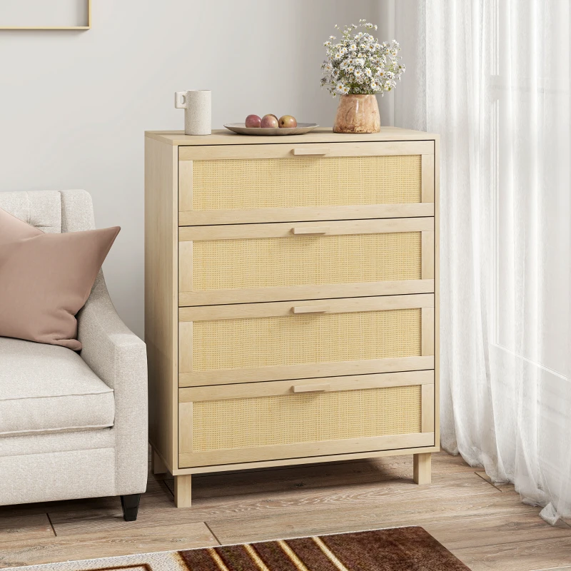 HOMCOM Cassettiera 4 cassetti con frontali in rattan, 80x40x103 cm, Legno chiaro