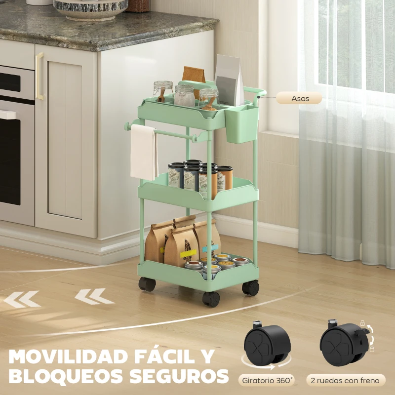 HOMCOM Carrito Auxiliar con Ruedas de 3 Niveles Carrito de Cocina con Cestas Extraíbles y Soporte para Toallas Verde