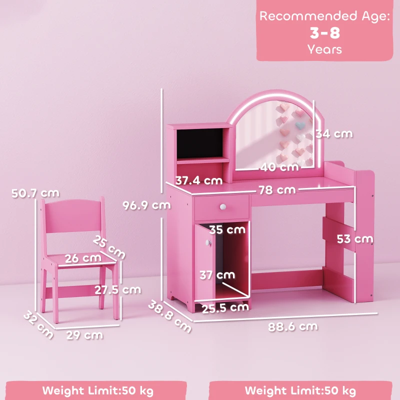 AIYAPLAY Kids Vanity Table and Chair Set, Girls Dressing Table with 2-Colour LED Mirror, Stool, Cabinet, Drawer, Shelves, Pink