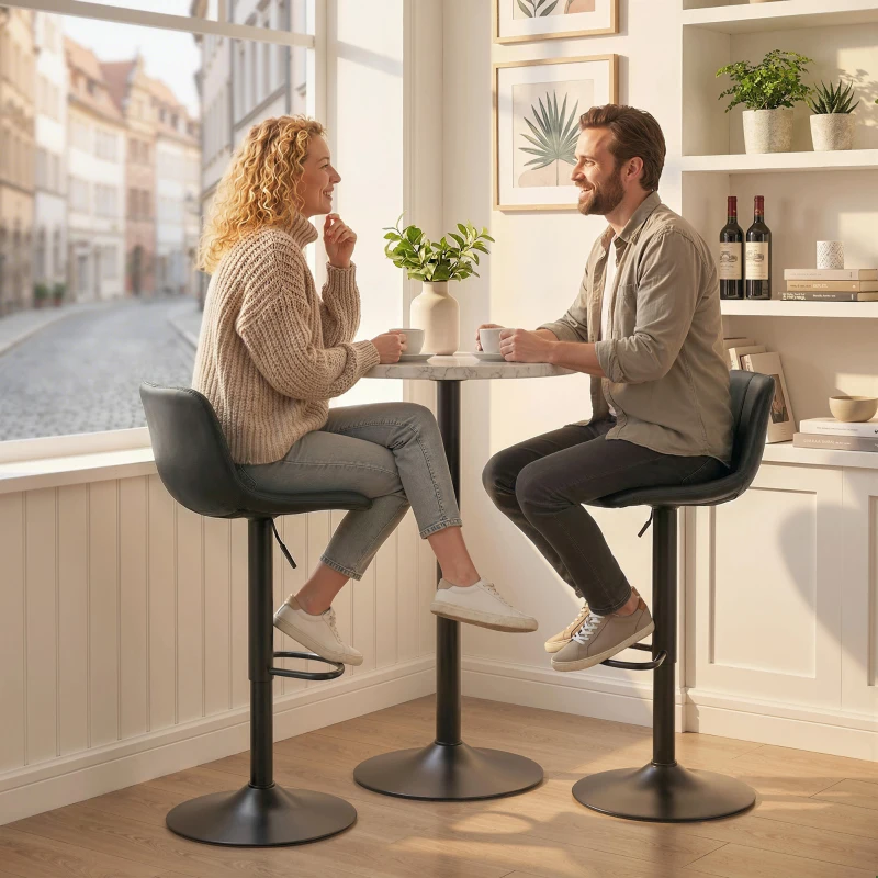 HOMCOM Conjunto de 2 banquetas de bar, banquetas ajustáveis com encosto e apoio para os pés, giratórias 360°, pés em aço, preto