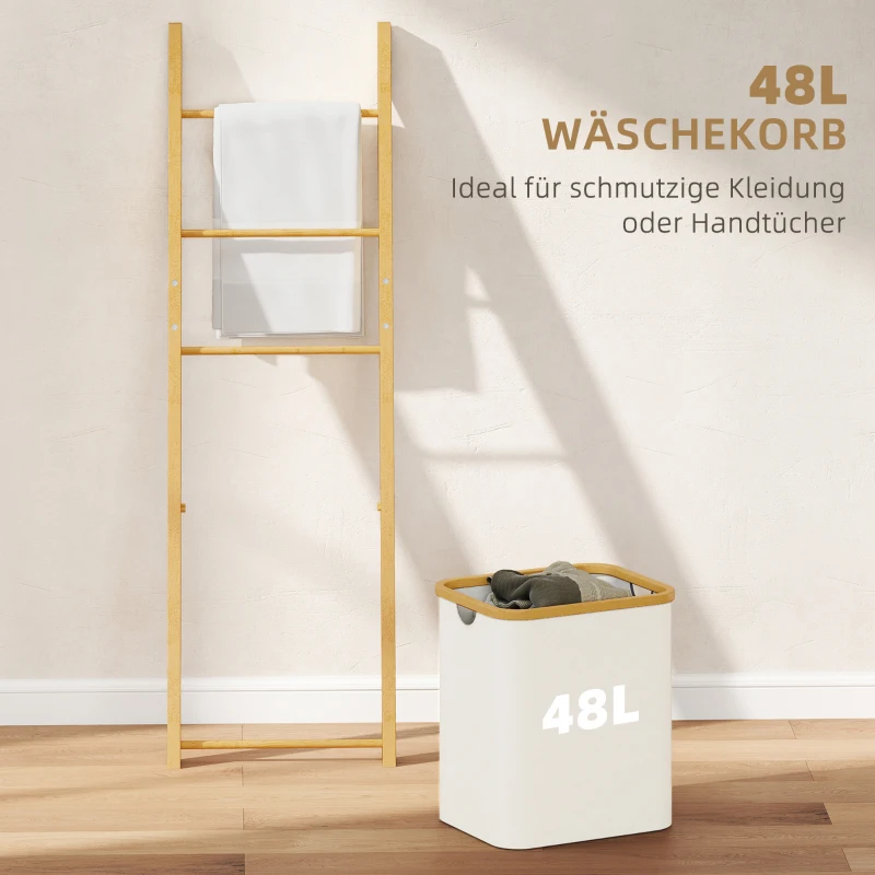 HOMCOM Badregal, 2-in-1 Badezimmerregal mit 3 Stangen, abnehmbarer 48L-Wäschekorb, Bambus, 43 x 35 x 133 cm, Cremeweiß