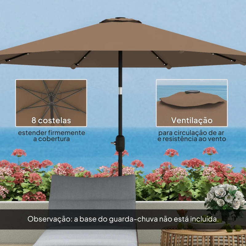 Outsunny Chapéu de Sol com 32 Luzes LED Solares Ø265 cm, Inclinável com Manivela e Mastro de Aço para Terraço, Pátio e Exterior Cáqui