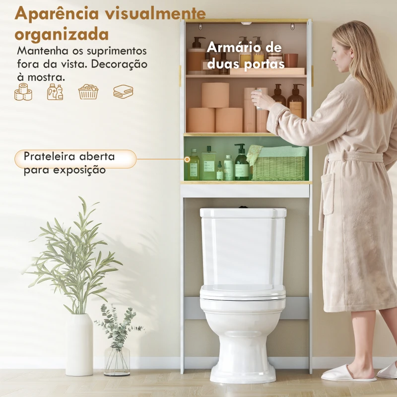 HOMCOM Móvel Sobre Sanita para Casa de Banho de 3 Níveis com Prateleira Aberta 2 Portas e Prateleira Ajustável 64x20x170,5 cm Branco