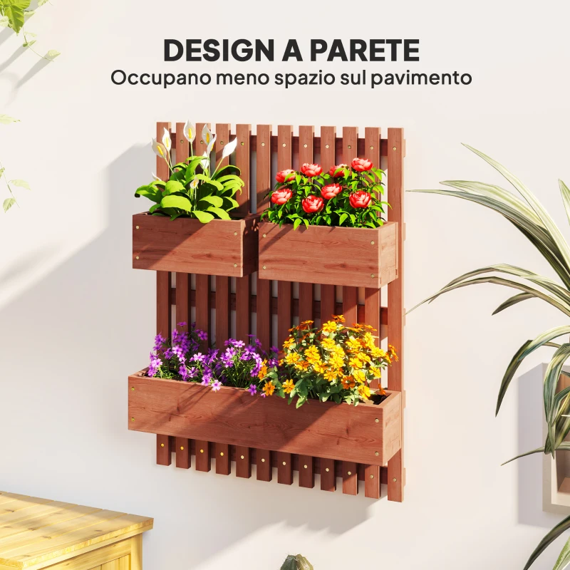 Outsunny Fioriera Verticale a Doghe con 3 Vasi Rimovibili, in Legno di Abete, 60x16x80 cm, Marrone