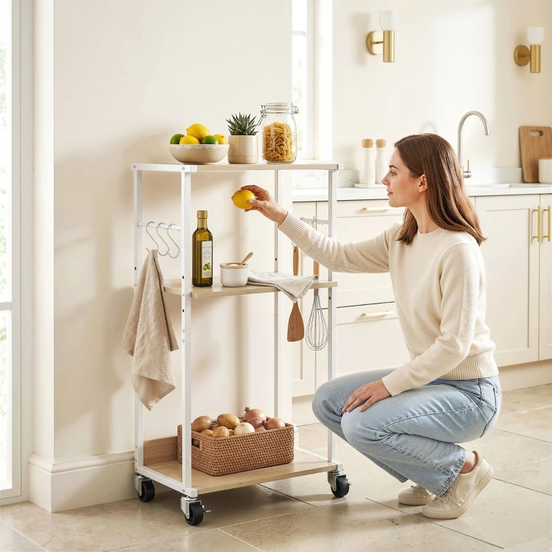 HOMCOM Support pour Imprimante 3 Niveaux avec Roulettes Meuble pour Imprimante avec Crochets et Cadre Métallique Bois Naturel