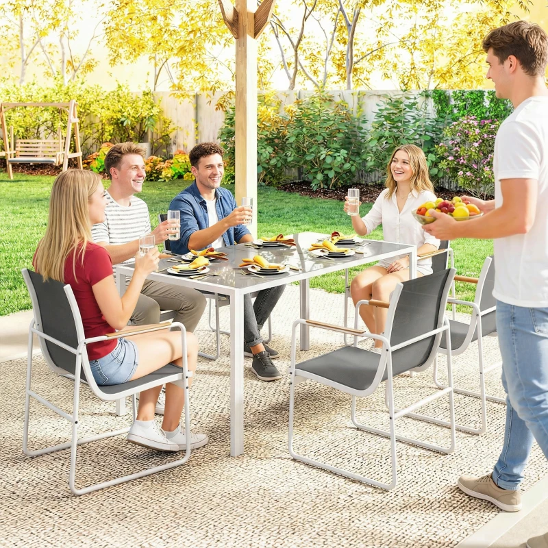 Outsunny Set tavolo e 6 sedie da giardino con piano in vetro temperato, Bianco e Grigio