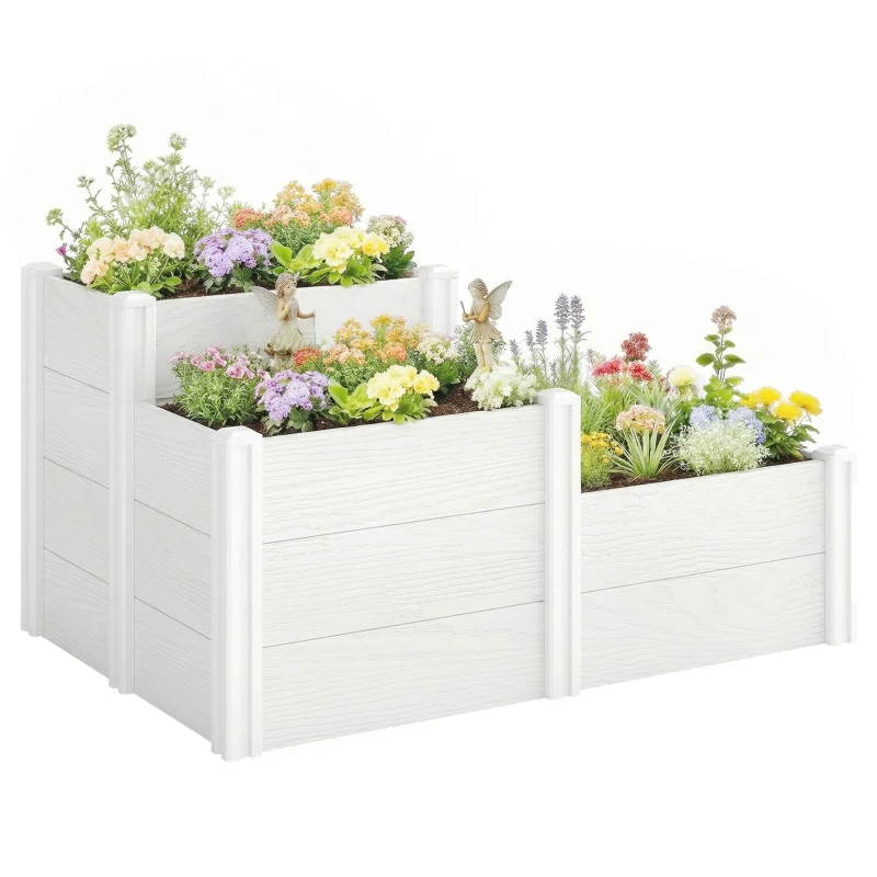 Outsunny Pat de grădină înalt 3 niveluri, stivabil, cu fund deschis, jardiniere modulare montaj DIY din plastic