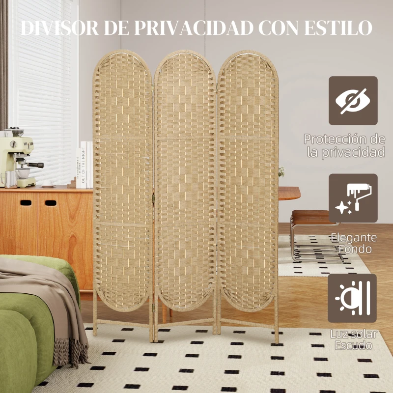 HOMCOM Biombo Separador de Ambientes 3 Paneles 120x170 cm con Parte Superior Arqueada Tejido a Mano Divisor Plegable Natural