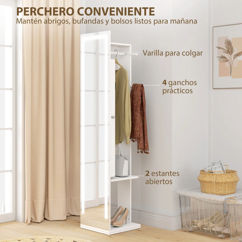 HOMCOM Espejo Joyero con Luces LED Espejo Entero Giratorio de 360° Estantes Abiertos Barras para Colgar Blanco