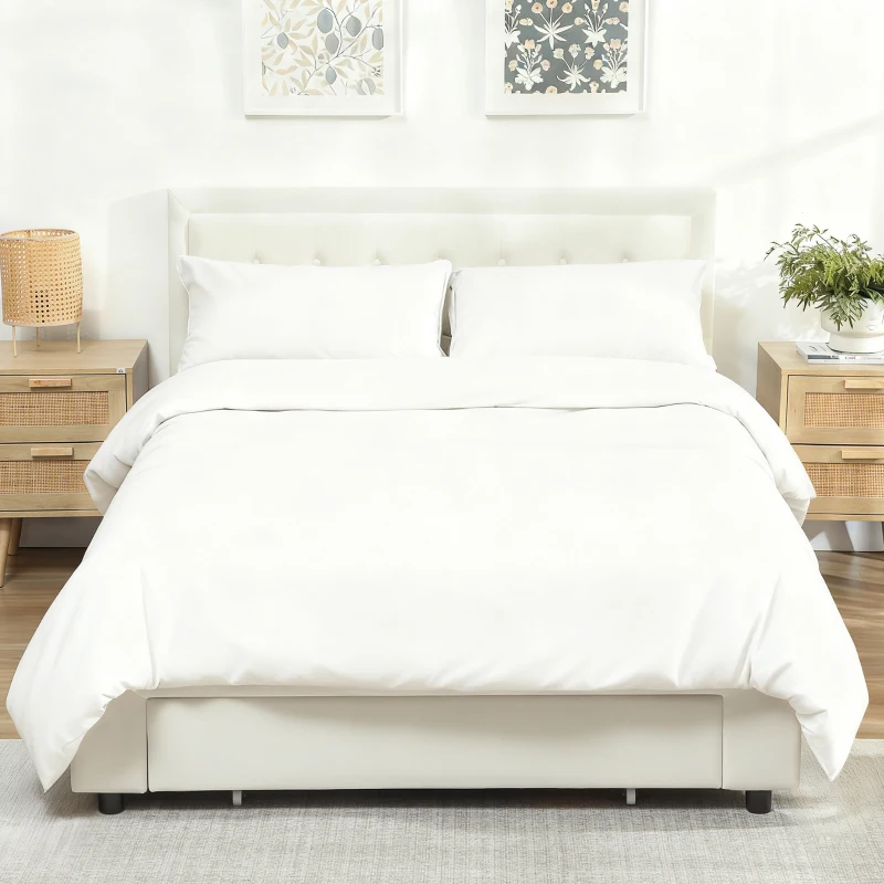 HOMCOM Struttura Letto Matrimoniale con Rete, Cassetto su Ruote e Testiera Regolabile Capitonné Effetto Velluto, Crema