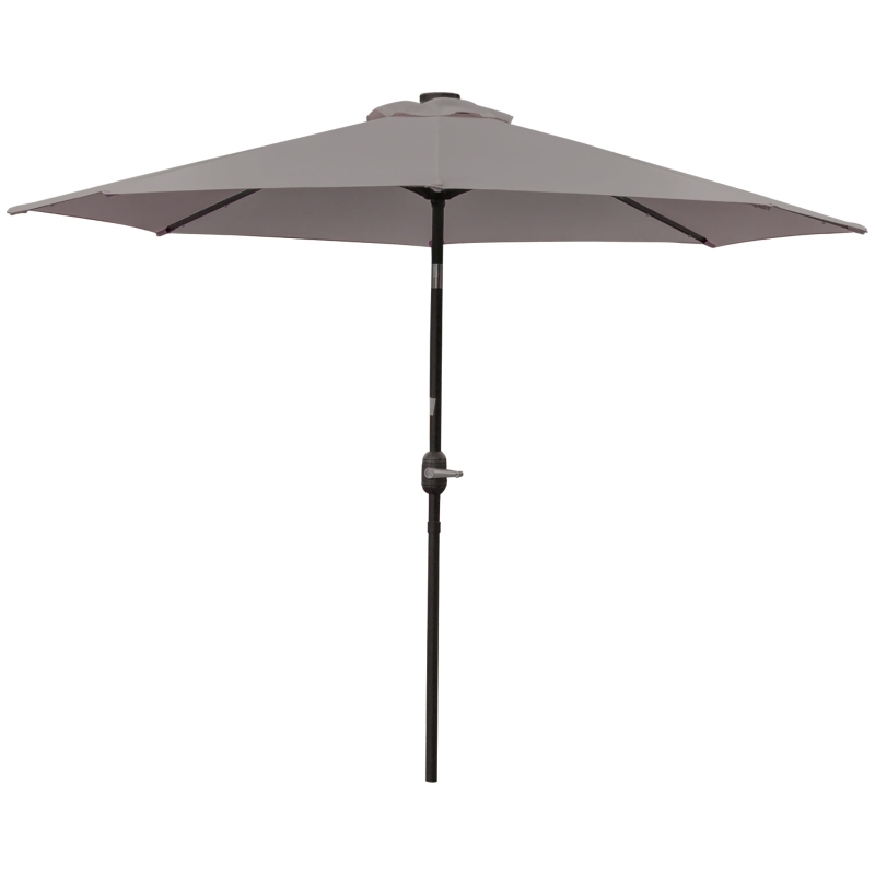 Outsunny Chapéu de Sol para Terraço Exterior, Ø265 cm, Guarda-sol de Jardim com 32 Luzes LED Solares, Poste de Aço e Manivela Inclinável, para Pátio, Terraço, Cinzento