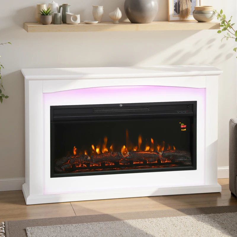 HOMCOM Chimenea eléctrica 1000W/2000W, chimenea decorativa falsa, efecto llama con 5 niveles de luminosidad ajustables, 121x25x77cm, blanco